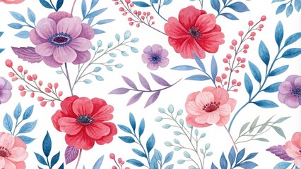 Watercolor Floral Seamless Pattern with Pink, Red, and Blue Flowers, Leaves and Berries, floral, pattern