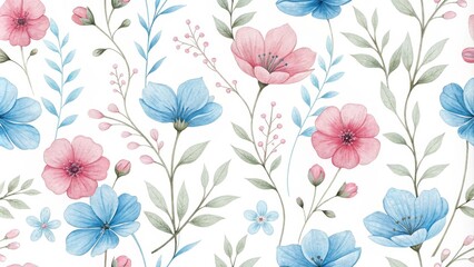 Watercolor Floral Seamless Pattern with Pink and Blue Flowers and Green Leaves, seamless pattern, floral design, wallpaper, fabric, digital art , pattern design