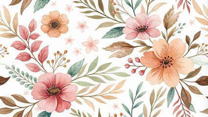 Watercolor Floral Seamless Pattern with Delicate Blooms and Greenery, floral pattern, watercolor art