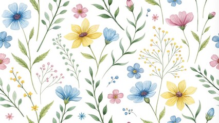 Watercolor Floral Pattern with Delicate Blue, Yellow, and Pink Flowers on White Background, floral pattern, watercolor pattern