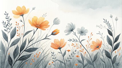 Naklejka premium Watercolor Floral Meadow, Minimalist Botanical Illustration, Abstract Nature, Flowers, Greenery, Watercolor Art ,watercolor