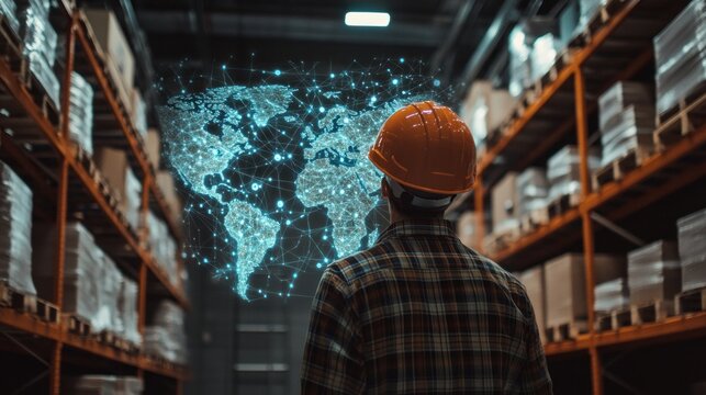 worker in a warehouse observes a digital world map projection.