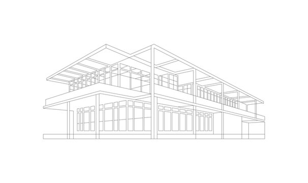 House Building Architectural Outline abstract, modern, urban, building, black and white drawing of imagination 3d vector illustration