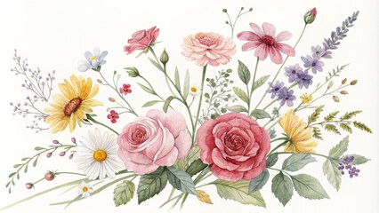 Watercolor Floral Bouquet with Roses, Daisies and Wildflowers, botanical illustration, floral art, watercolor painting, flower arrangement, watercolor bouquet