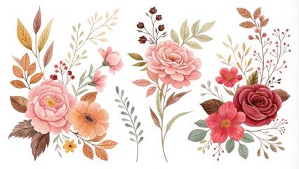 Watercolor Floral Bouquet Illustration with Pink, Red and Orange Flowers, Leaves, and Berries, watercolor art, floral design