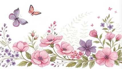 Watercolor Floral Arrangement with Butterflies, Pink Flowers, and Green Leaves, Watercolor, Botanical, Nature ,Flowers