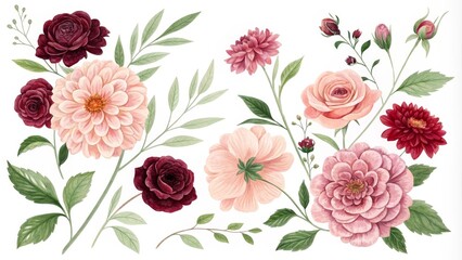 Watercolor Floral Arrangement with Pink and Burgundy Flowers, Botanical, Floral Art