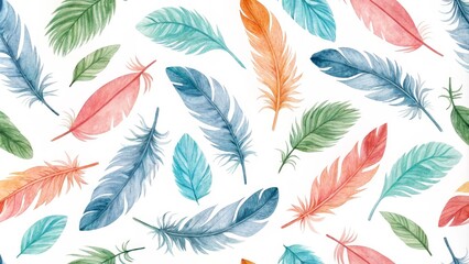 Watercolor Feathers and Leaves Seamless Pattern, white background, digital art, nature , tropical