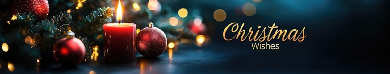 Christmas background with blurred candle and Christmas decorations