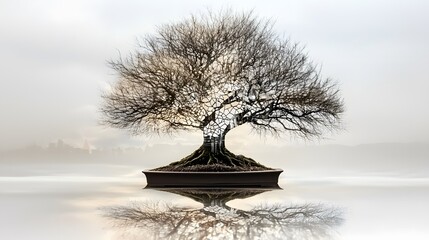 A dramatic double exposure of a bonsai tree with branches that evolve into a fractured cityscape, symbolizing the endurance required to thrive in a fractured world. The image blends organic
