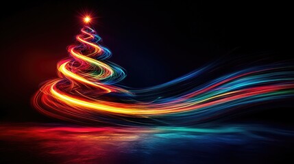 An abstract Christmas tree formed by swirling colorful lights