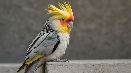 Naklejka premium cockatiel perched on top of a wall, its vibrant yellow face and orange cheek patches standing out against its grey body. Ai