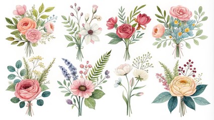 Watercolor Bouquet Collection 10 Floral Arrangements with Roses, Lavender, and Greenery, floral illustration, botanical art