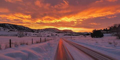 A stunning snowy road at sunset, showcasing vibrant colors reflecting peaceful winter landscapes.
