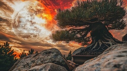 A bonsai tree growing amidst rocks, integrated with an image of a setting sun, symbolizing the end of a challenging day.Double Exposure.[Bonsai]:[The Struggle of Life and Endurance] 