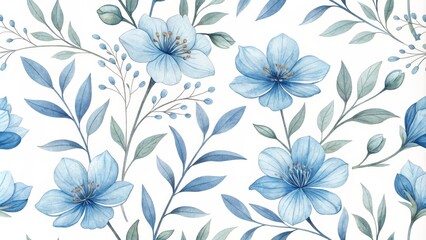 Watercolor Blue Flowers and Leaves Seamless Pattern, floral , botanical