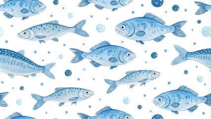 Fototapeta premium Watercolor Blue Fish Seamless Pattern with Bubbles, Underwater, Sea Life, Fish Pattern, Blue Watercolor, Seamless Pattern , underwater
