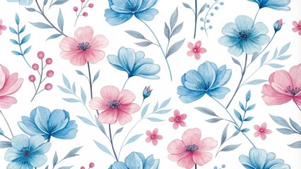 Watercolor Blue and Pink Floral Seamless Pattern, flower, floral, seamless, pattern
