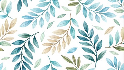 Fototapeta premium Watercolor Blue and Green Leaves Seamless Pattern, foliage, botanical , seamless pattern