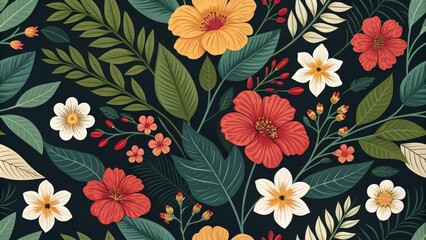 Vibrant Floral Seamless Pattern with Red, Yellow, and White Flowers on Dark Background, botanical, floral pattern
