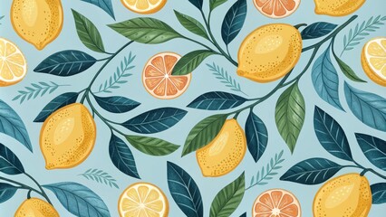 Vibrant Lemon and Leaf Pattern on Blue Background, Summer, Citrus