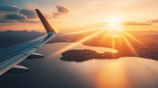 Travel insurance strategies concept. Aerial view of sunset over water with airplane wing in frame, evoking travel excitement