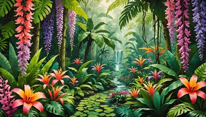 tropical rainforest with exotic flowers, lush greenery, and a serene stream. Nature wallpaper, background, backdrop, travel jungle forest vibrant banner 