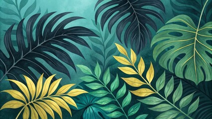 Tropical Watercolor Leaves Collage, Botanical , Illustration