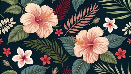 Tropical Floral Seamless Pattern, Hibiscus, Palm Leaves, , tropical, floral, pattern