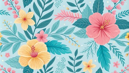 Tropical Floral Seamless Pattern, Illustration, Blue Background, Flowers, Leaves, Summer , Tropical