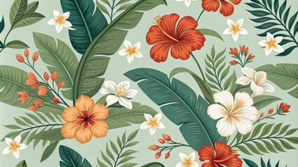 Tropical Floral Seamless Pattern with Orange and White Flowers, Green Leaves on Mint Background, tropical, floral seamless pattern