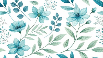 Fototapeta premium Seamless Watercolor Floral Pattern with Blue Flowers and Green Leaves, Watercolor, Floral, Pattern, Seamless, Blue, Green