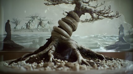 Close-up of bonsai roots entwined with rocks, overlaid with an image of strong foundations, representing enduring strength.Double Exposure.[Bonsai]:[The Struggle of Life and Endurance] 