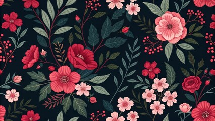 Seamless Floral Pattern with Red and Pink Flowers on a Dark Background, botanical, floral pattern