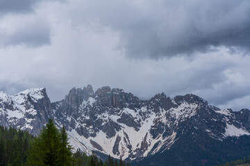 Panoramic view of the Rosengarten group mountain massif in the Dolomites in South Tyrol, Italy.