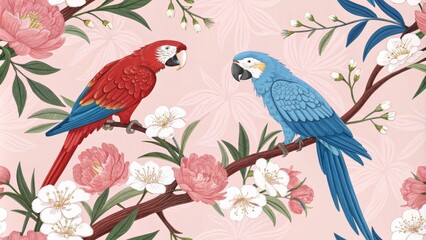 Obraz premium Red and Blue Parrots Perched on a Branch with Pink and White Flowers, Tropical Bird, Bird Illustration , parrots, flowers, tropical