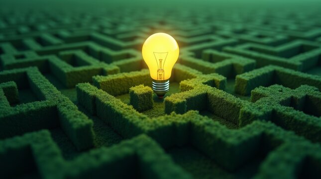 A glowing lightbulb sits at the center of a sprawling, green maze, symbolizing an idea or solution within a complex problem