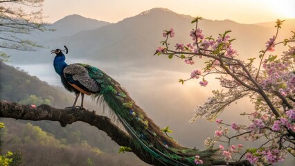 Naklejka premium Peacock Perched on Branch with Blooming Tree and Misty Mountain Background, sunrise, nature ,peacock, nature photography