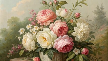 Oil Painting of a Floral Bouquet, roses, flowers ,still life