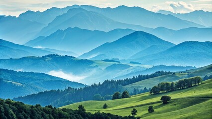 Obraz premium Layered Mountain Landscape with Misty Peaks and Lush Green Hills, Landscape Photography , Mountain Ranges