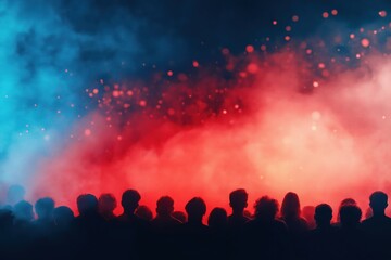A crowd of people are standing in front of a red and blue background