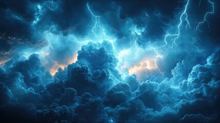 Fototapeta premium A dramatic depiction of stormy clouds illuminated by lightning in a night sky.