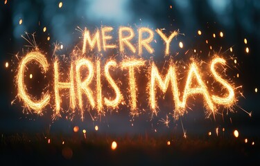 MERRY CHRISTMAS written with sparklers in the dark, long exposure shot
