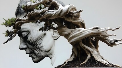 A bonsai tree, its branches twisted and gnarled, superimposed on a human face. This image symbolizes the aging process and the passage of time. Double Exposure.[Bonsai]:[The Struggle of Life 