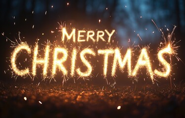 MERRY CHRISTMAS written with sparklers in the dark, long exposure shot