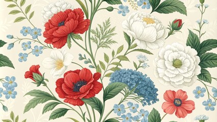 Floral Pattern with Red and White Flowers, Green Leaves, and Blue Blossoms, floral pattern, floral background