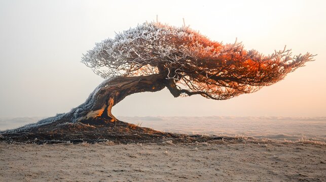 A bonsai tree, its leaves covered in frost, superimposed on a winter landscape. This image symbolizes the ability to endure harsh conditions. Double Exposure.[Bonsai]:[The Struggle of Life and 