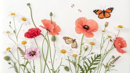 Flat Lay Floral Composition with Daisies, Poppies and Butterflies, botanical , flower arrangement