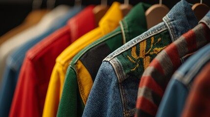 Obraz premium A colorful collection of hanging jackets, showcasing various styles and textures, highlighting the vibrant fashion options available.
