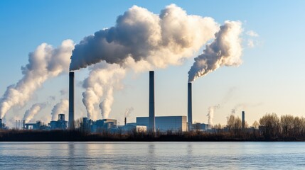 Polluting Power Plant Releasing Thick Smoke Clouds into the Sky